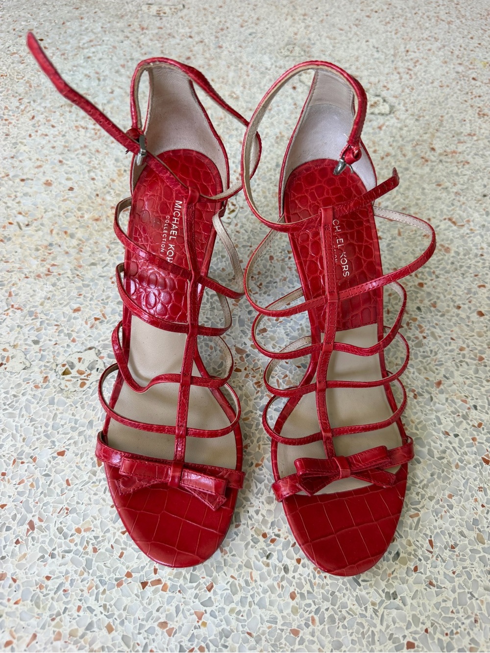 Michael Kors Red Croc-Embossed Strappy Bow Heels
